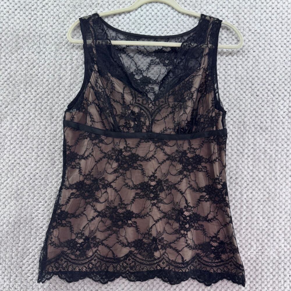 Ann Taylor LOFT Top Womens 12 Black Tan Lace Cami Whimsy Goth V-Neck Career